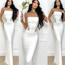Outlet Abito a fascia bustier con gonna in velo bianco Abiti