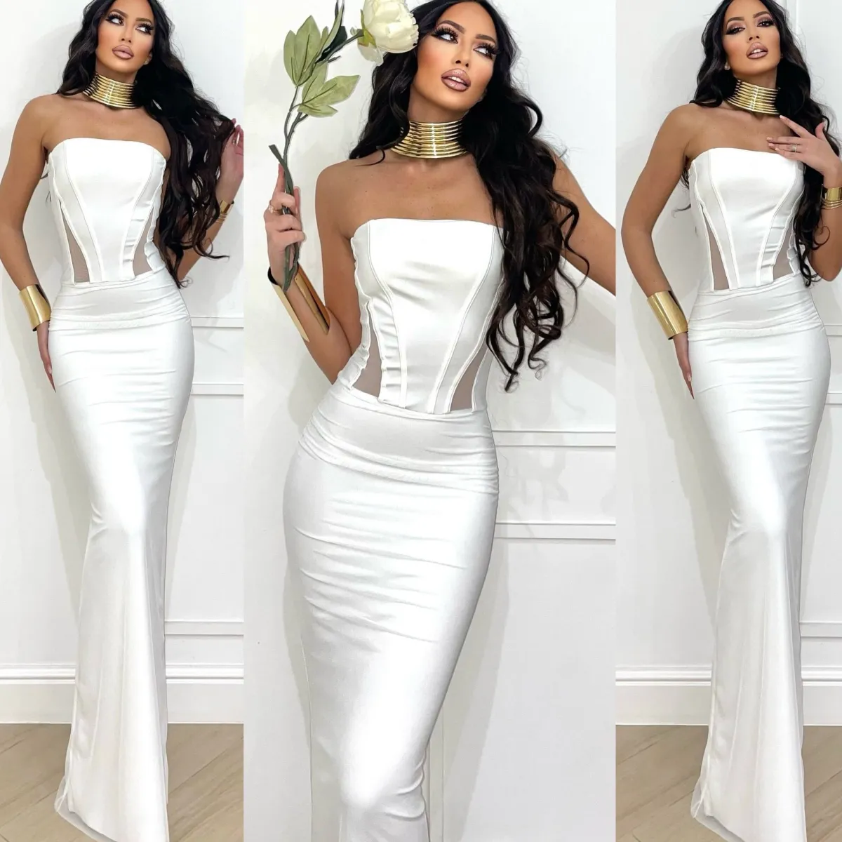 Outlet Abito a fascia bustier con gonna in velo bianco Abiti
