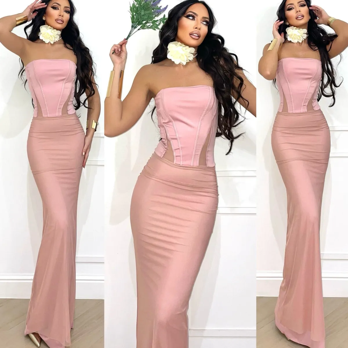 Outlet Abito a fascia bustier con gonna in velo cipria Abiti