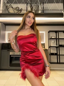 Online Abito a fascia con piume rosso Abiti