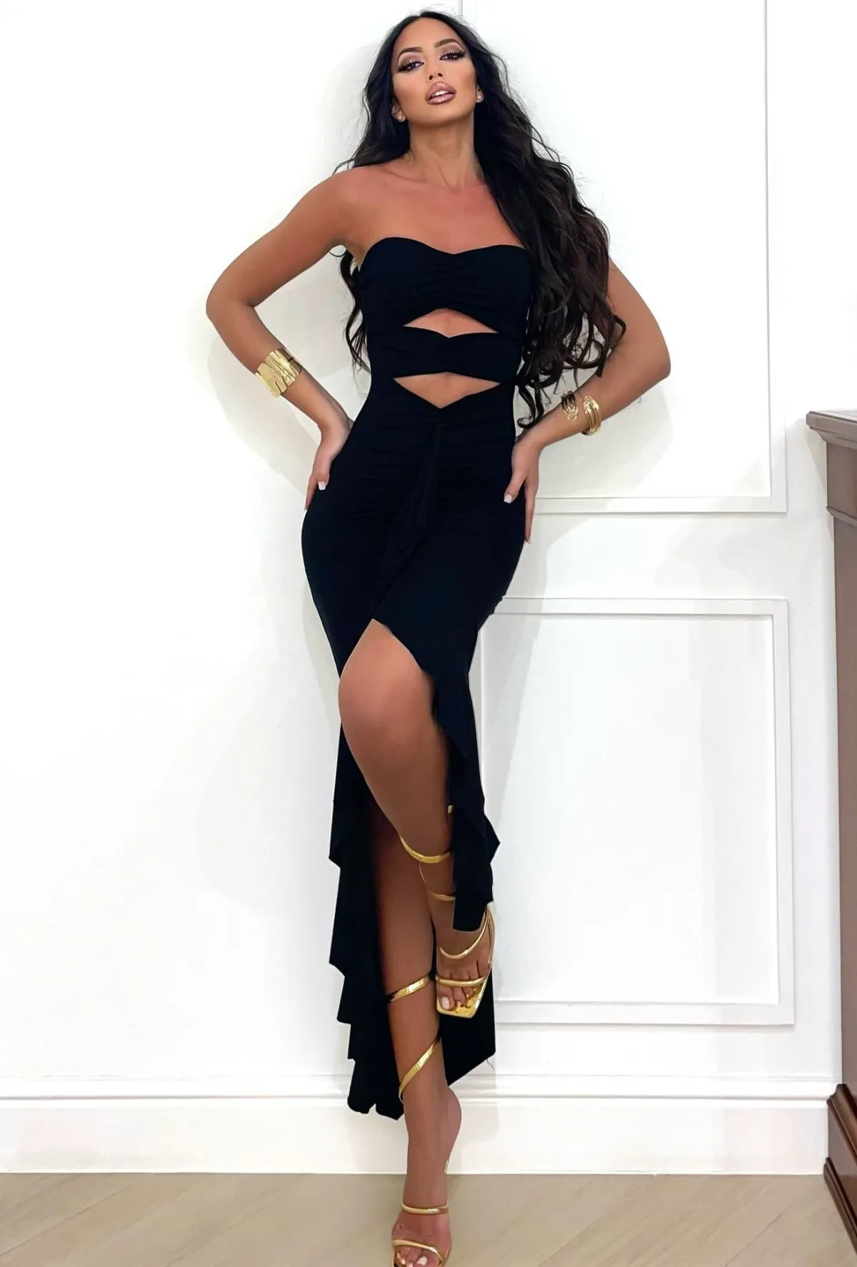 Fashion Abito a fascia nero con rouches Abiti