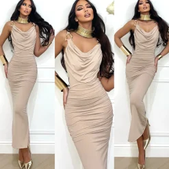 Outlet Abito beige con gioielli e schiena incrociata Abiti