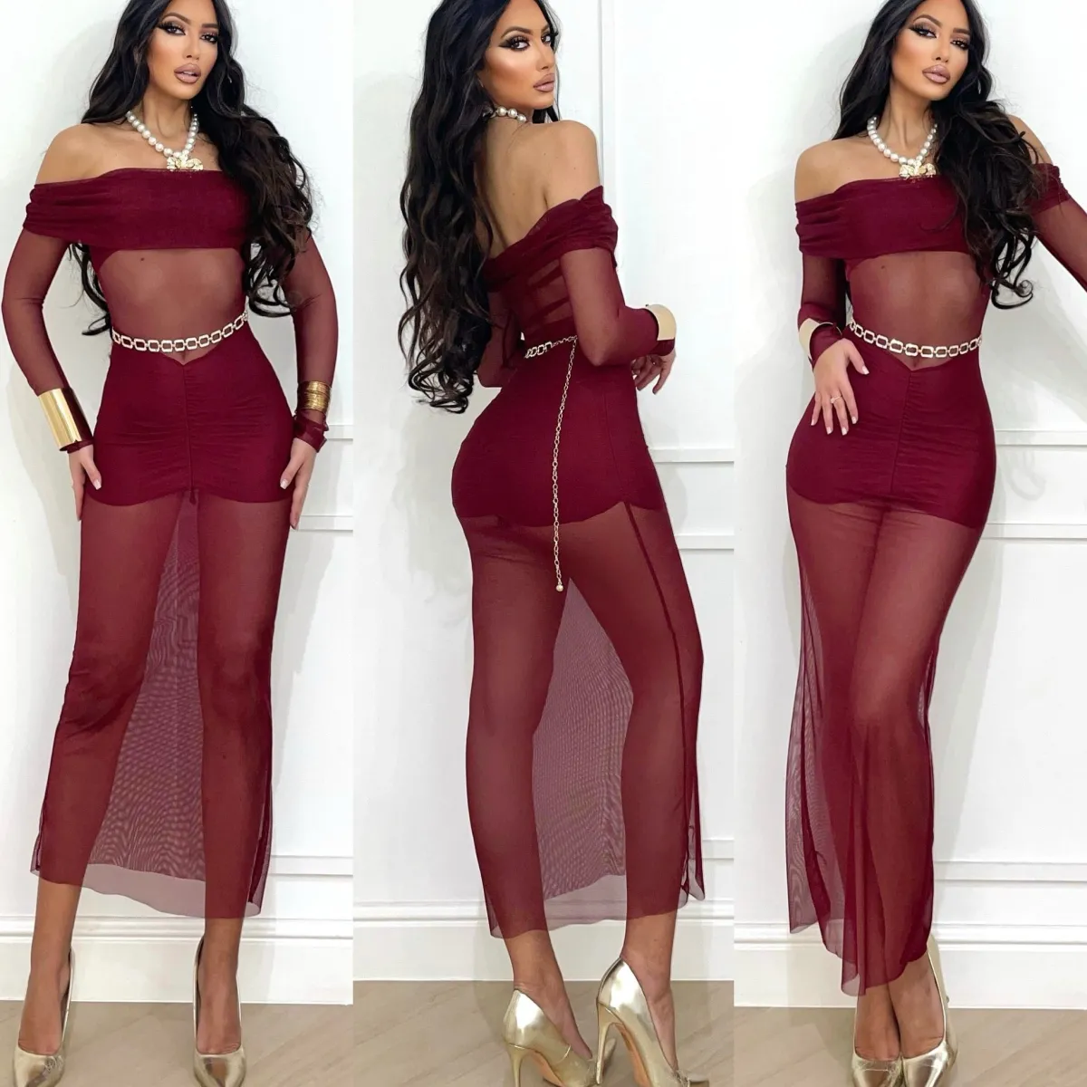 Fashion Abito bordeaux con trasparenza Abiti