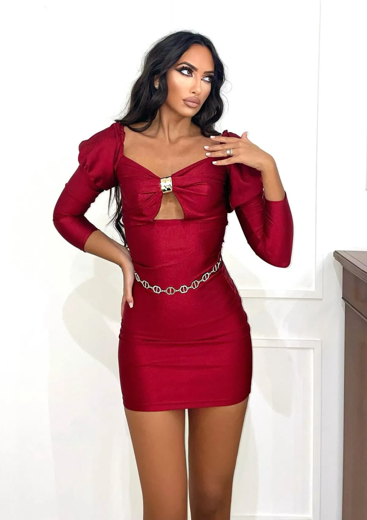Hot Abito bordeaux maniche a palloncino Abiti