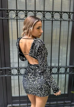 Best Abito con paillettes nero argento schiena aperta Abiti