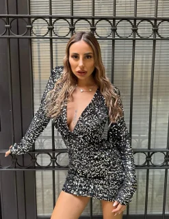 Best Abito con paillettes nero argento schiena aperta Abiti