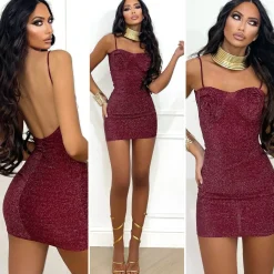 Outlet Abito glitter bordeaux con rose Abiti