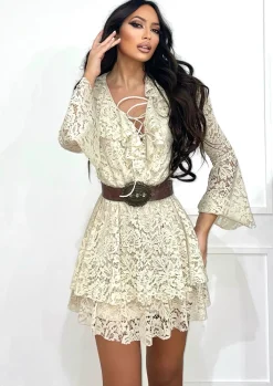 Outlet Abito in pizzo a balze beige Abiti
