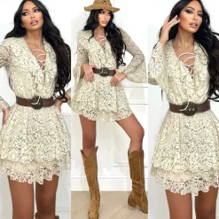 Outlet Abito in pizzo a balze beige Abiti