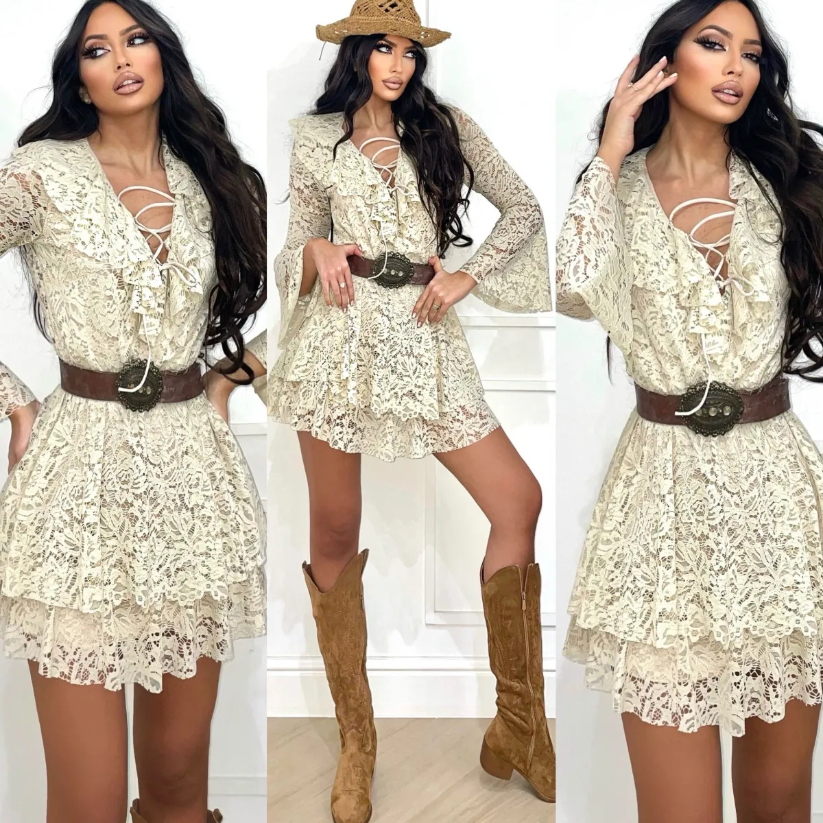 Outlet Abito in pizzo a balze beige Abiti
