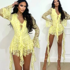 Fashion Abito in pizzo giallo con rouches Abiti