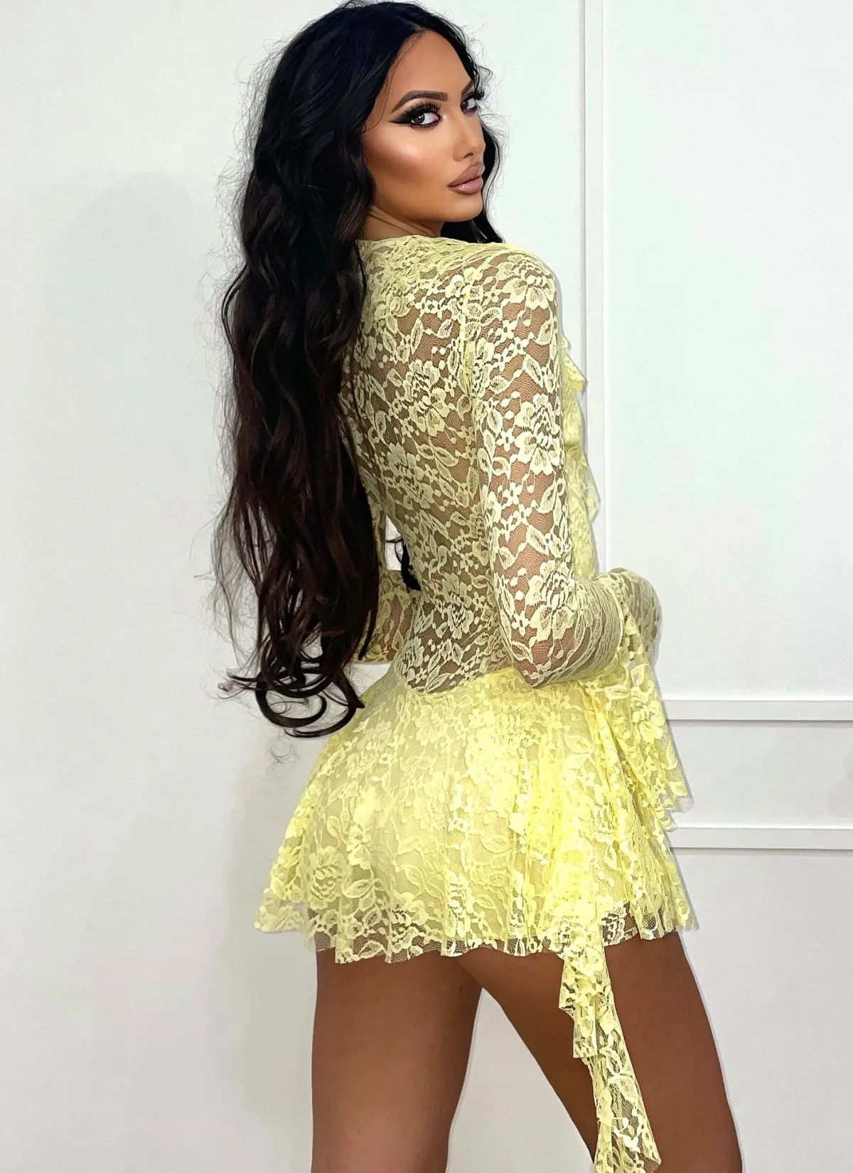 Fashion Abito in pizzo giallo con rouches Abiti