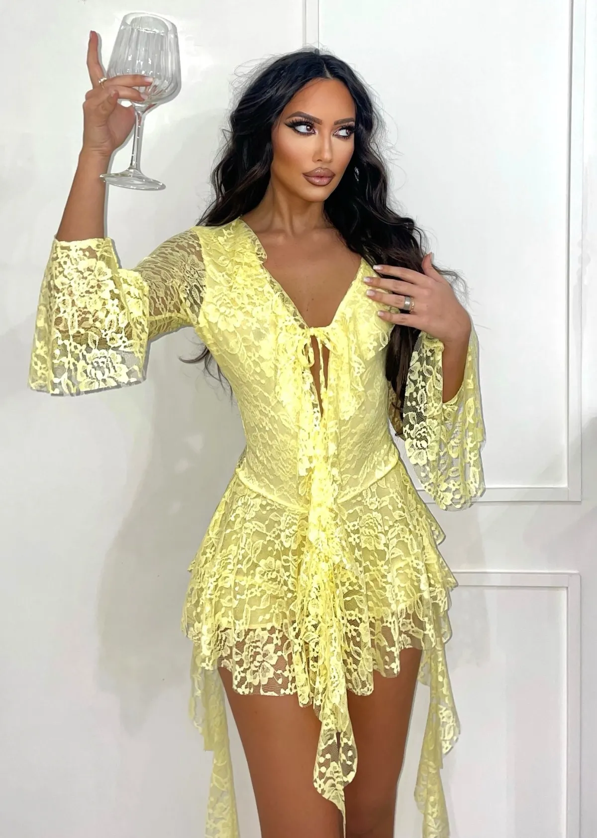 Fashion Abito in pizzo giallo con rouches Abiti