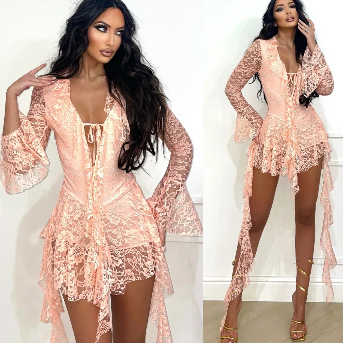 Outlet Abito in pizzo rosa con rouches Abiti