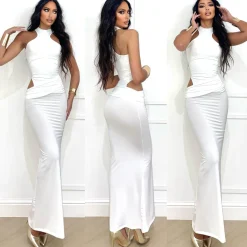 Best Abito lungo bianco con choker e apertura laterale Abiti