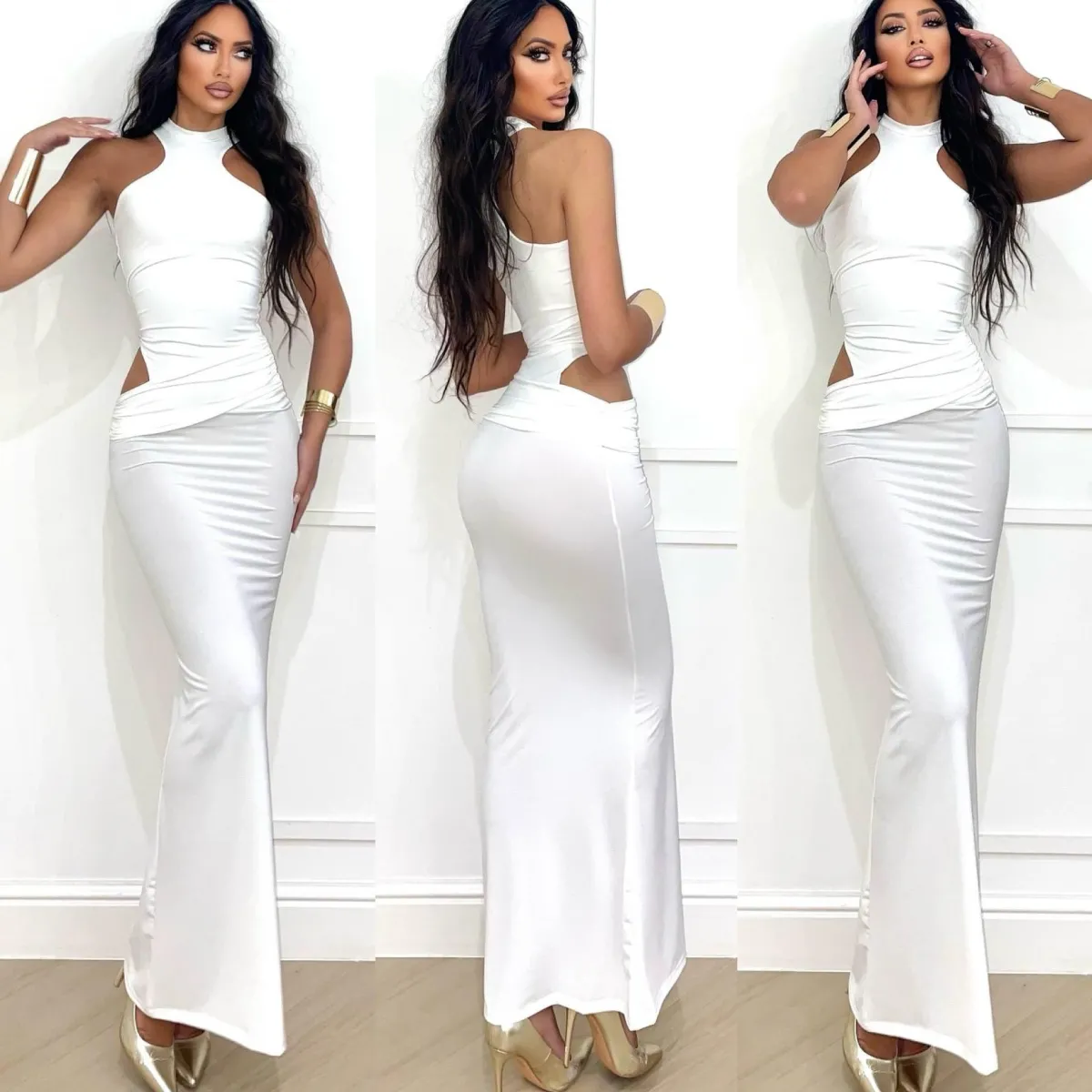 Best Abito lungo bianco con choker e apertura laterale Abiti