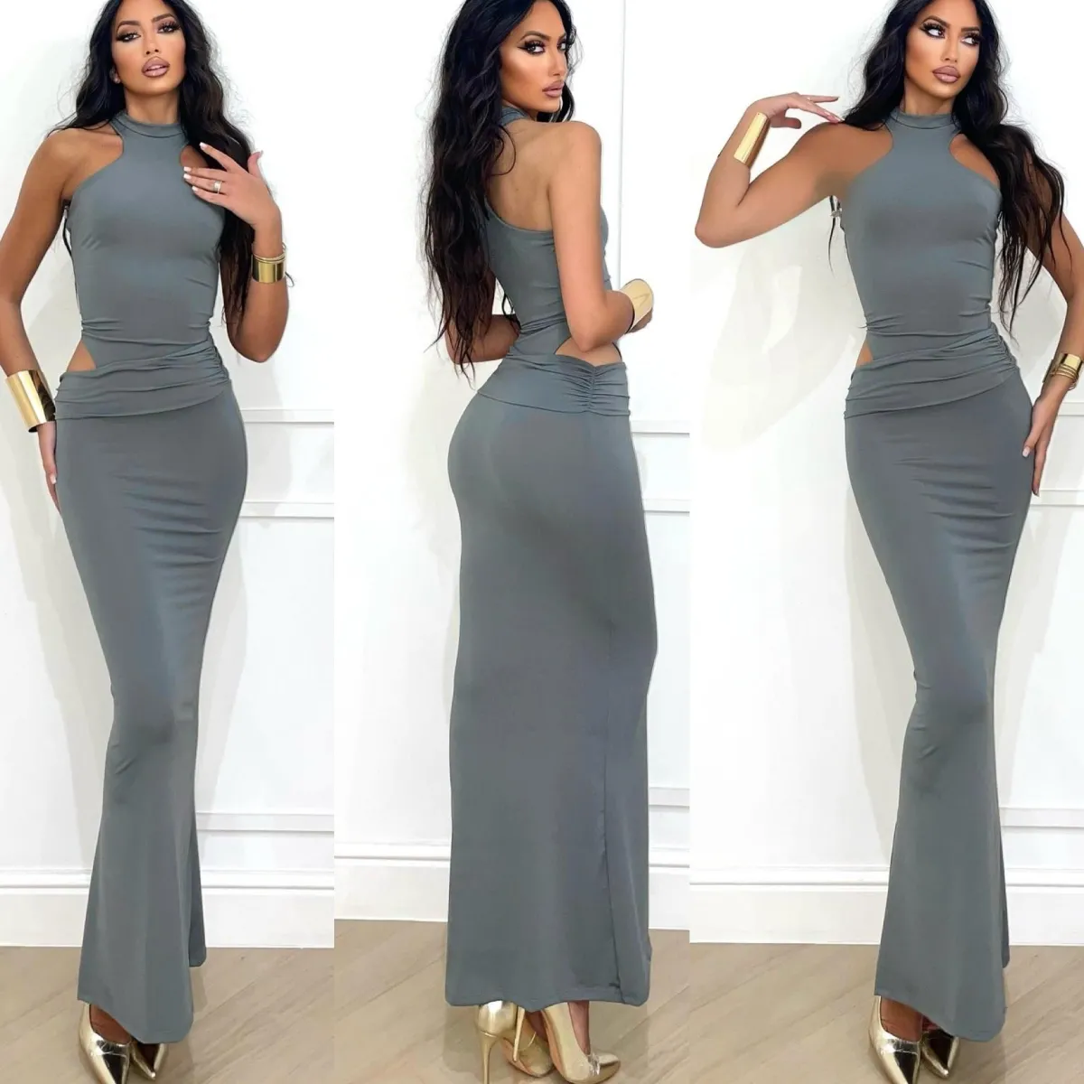 Fashion Abito lungo grigio con choker e apertura laterale Abiti