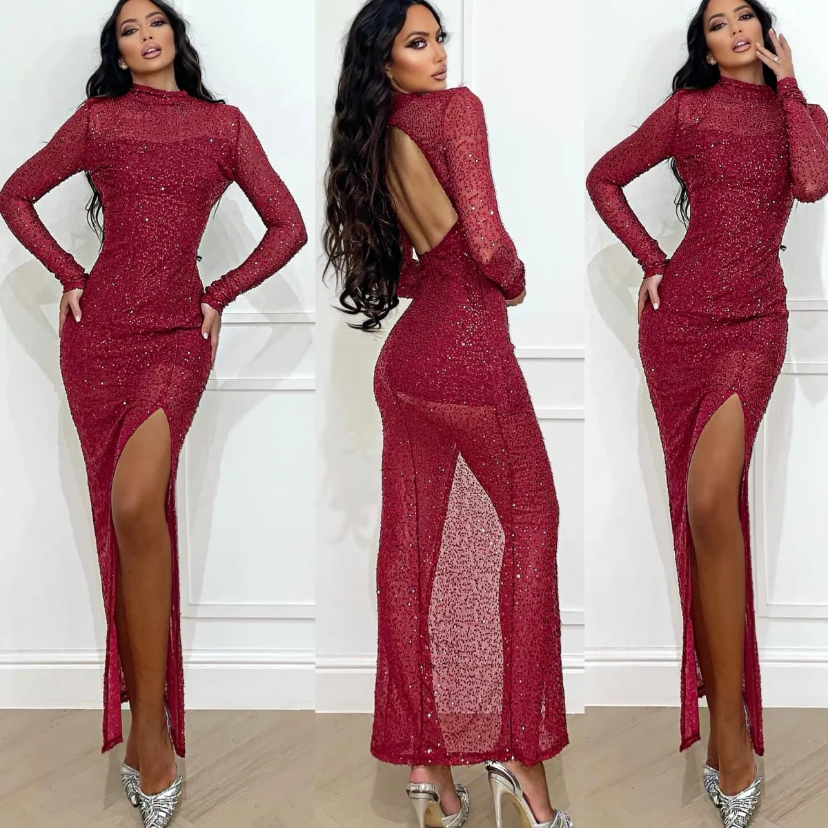 Outlet Abito lungo in paillettes bordeaux Abiti