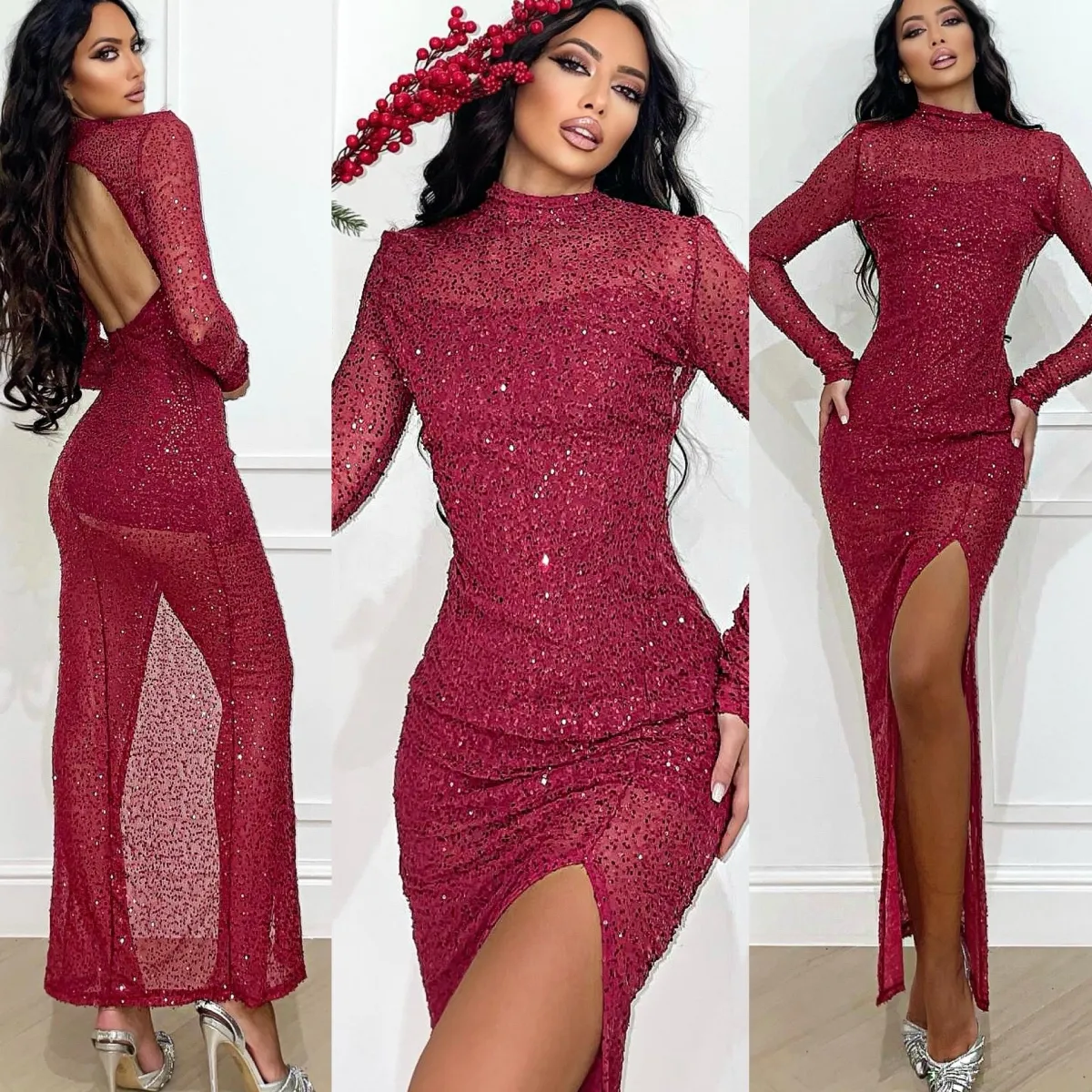 Outlet Abito lungo in paillettes bordeaux Abiti
