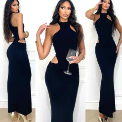 Outlet Abito lungo nero con choker e apertura laterale Abiti