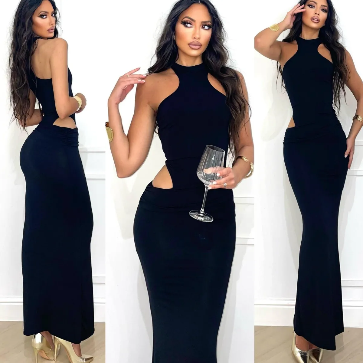 Outlet Abito lungo nero con choker e apertura laterale Abiti