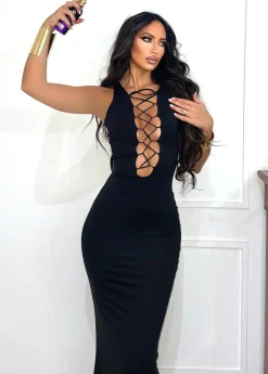 Fashion Abito lungo nero con incroci Abiti