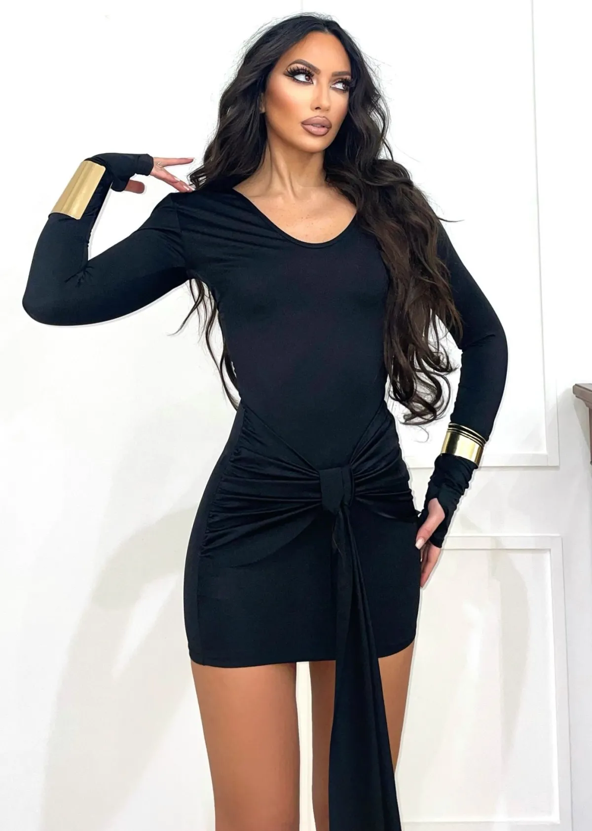 Hot Abito manica lunga nero con nodo Abiti