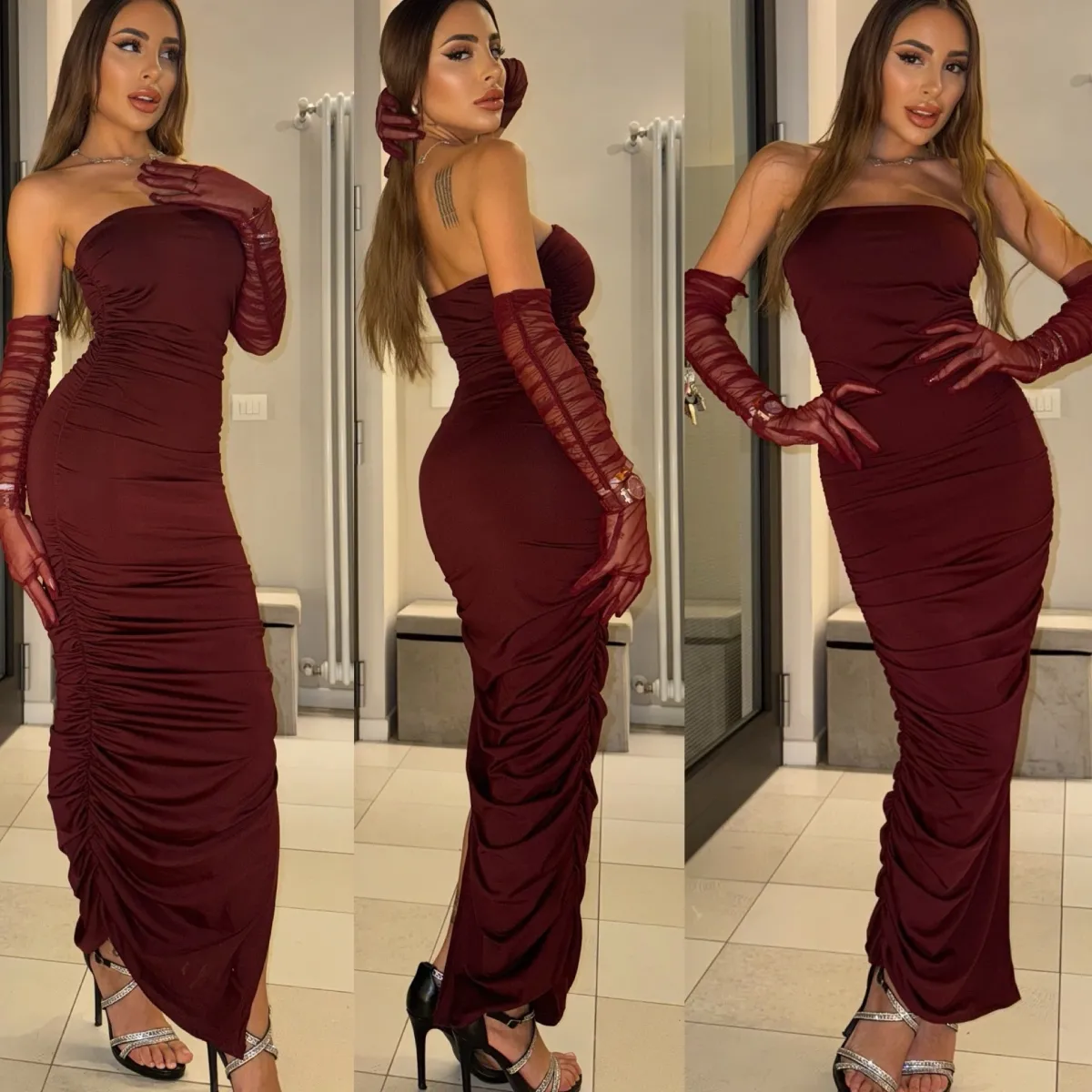 Discount Abito midi bordeux con guanti Abiti