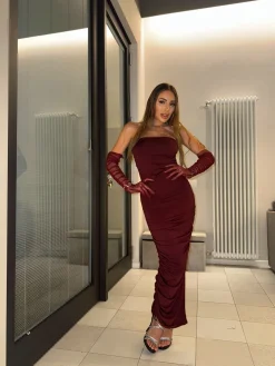 Discount Abito midi bordeux con guanti Abiti
