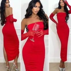 Sale Abito midi rosso con guanti Abiti