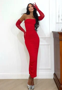 Sale Abito midi rosso con guanti Abiti