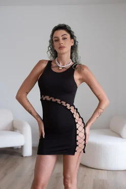 Online Abito nero con maxi apertura con catenina Abiti