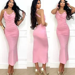 New Abito rosa con gioielli e schiena incrociata Abiti