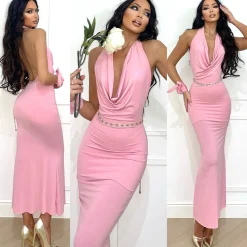 New Abito rosa con laccio e scollo Abiti