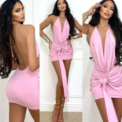 Fashion Abito rosa schiena nuda e nodo Abiti