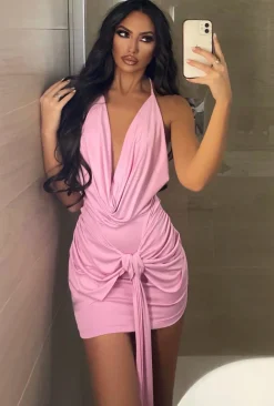 Fashion Abito rosa schiena nuda e nodo Abiti