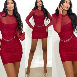 Outlet Abito rosso glitter spalline imbottite Abiti