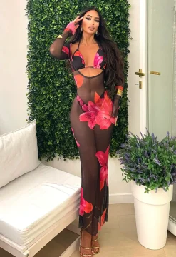 Best Bikini floreale tre pezzi con pareo lungo nero Bikini|Bikini