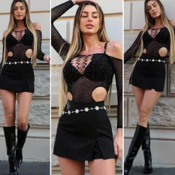 Online Body a rete con strass e fori Body