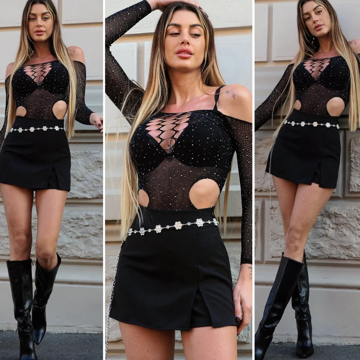 Online Body a rete con strass e fori Body