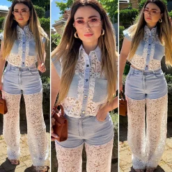 Fashion Completo in denim con brillantini e pizzo Completi & Tute