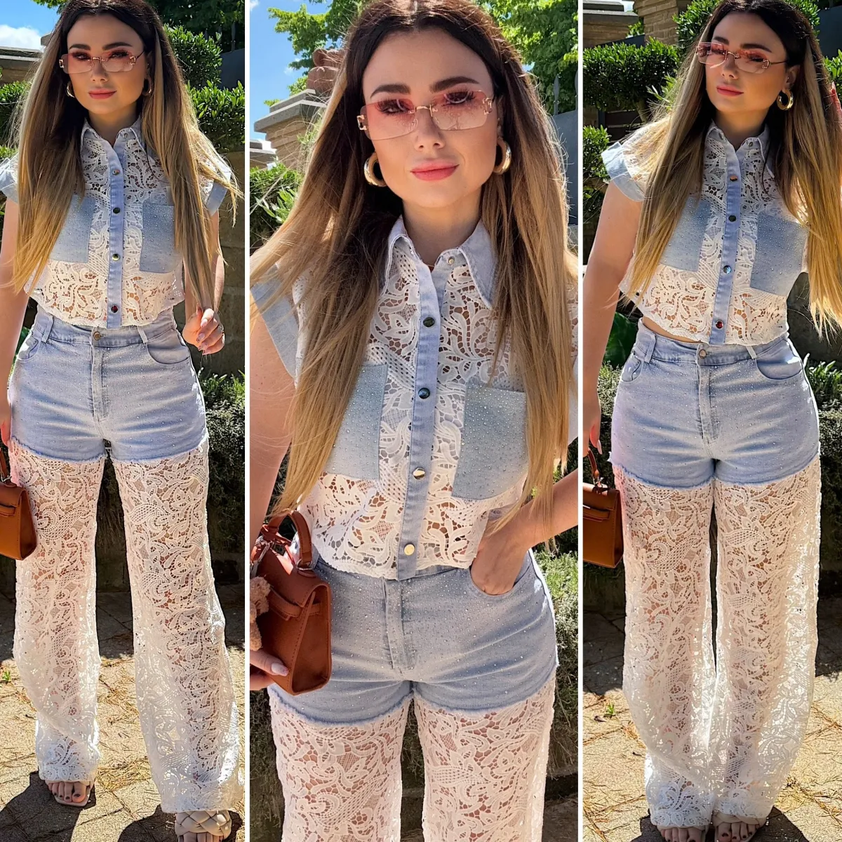 Fashion Completo in denim con brillantini e pizzo Completi & Tute