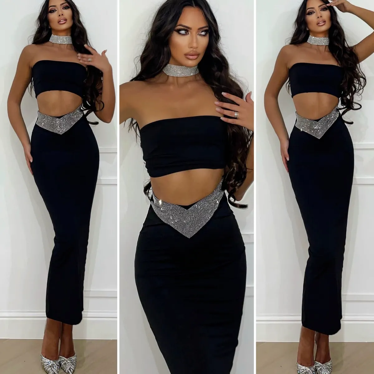 Hot Completo top e gonna nero con strass Completi & Tute