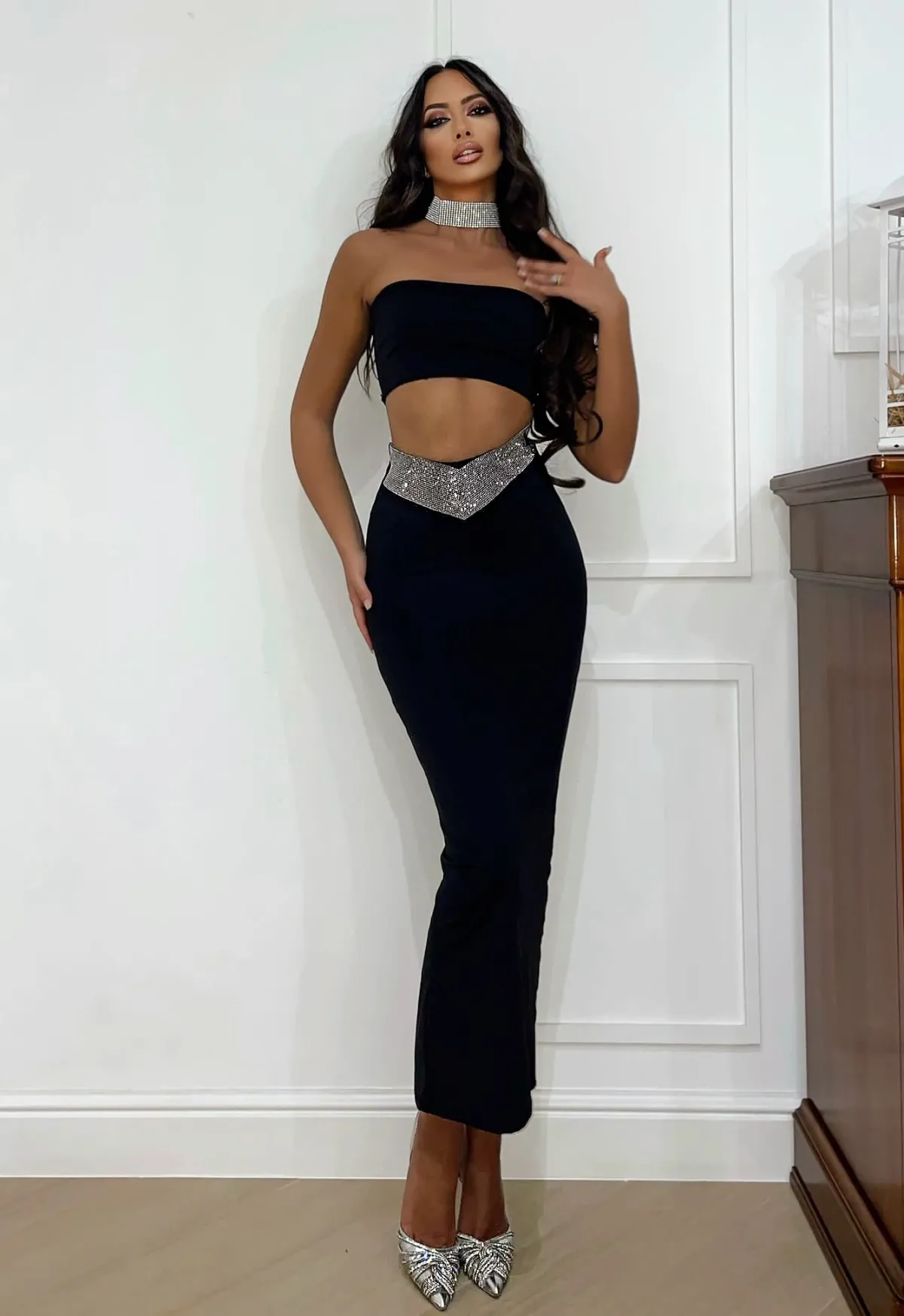 Hot Completo top e gonna nero con strass Completi & Tute
