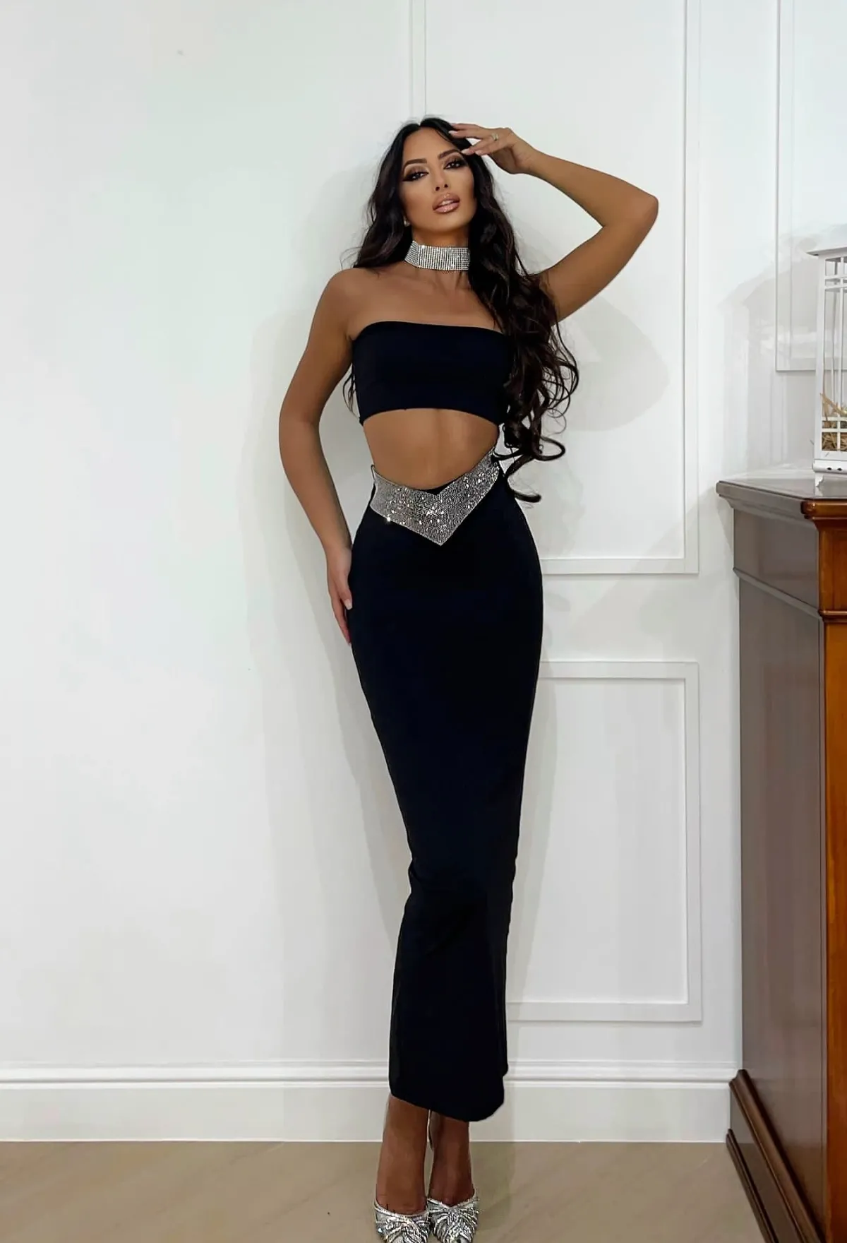 Hot Completo top e gonna nero con strass Completi & Tute