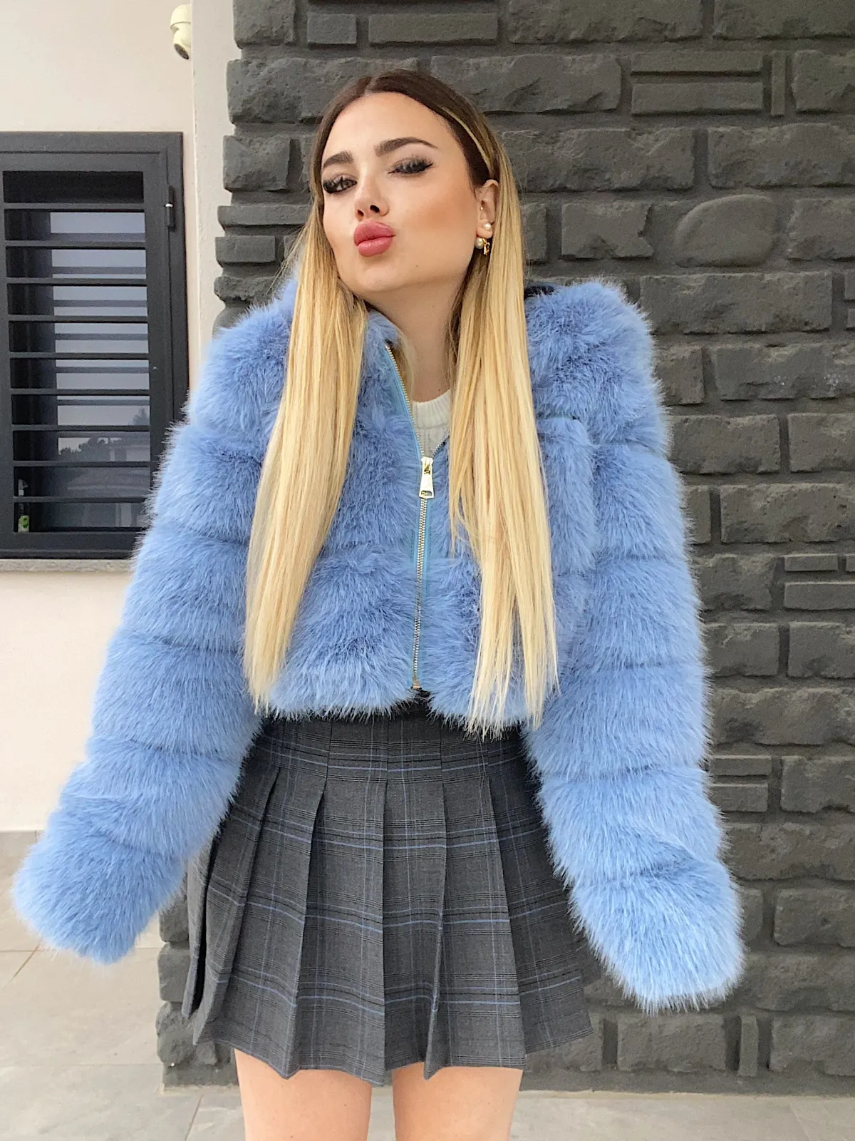 Discount Gonna check grigia dettaglio celeste Gonne