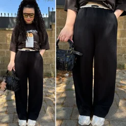 Fashion Pantalone nero banda beige Pantaloni