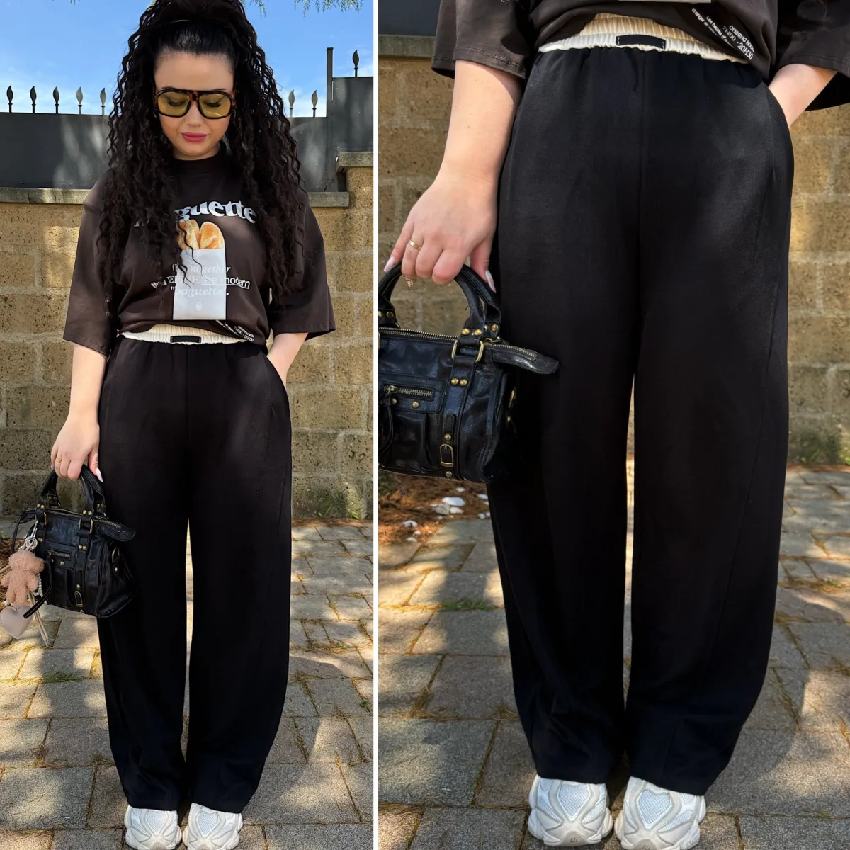 Fashion Pantalone nero banda beige Pantaloni
