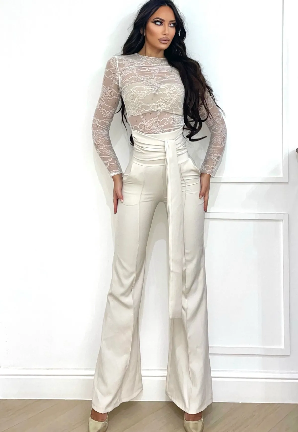 Fashion Pantalone vita alta con fusciacca beige Pantaloni