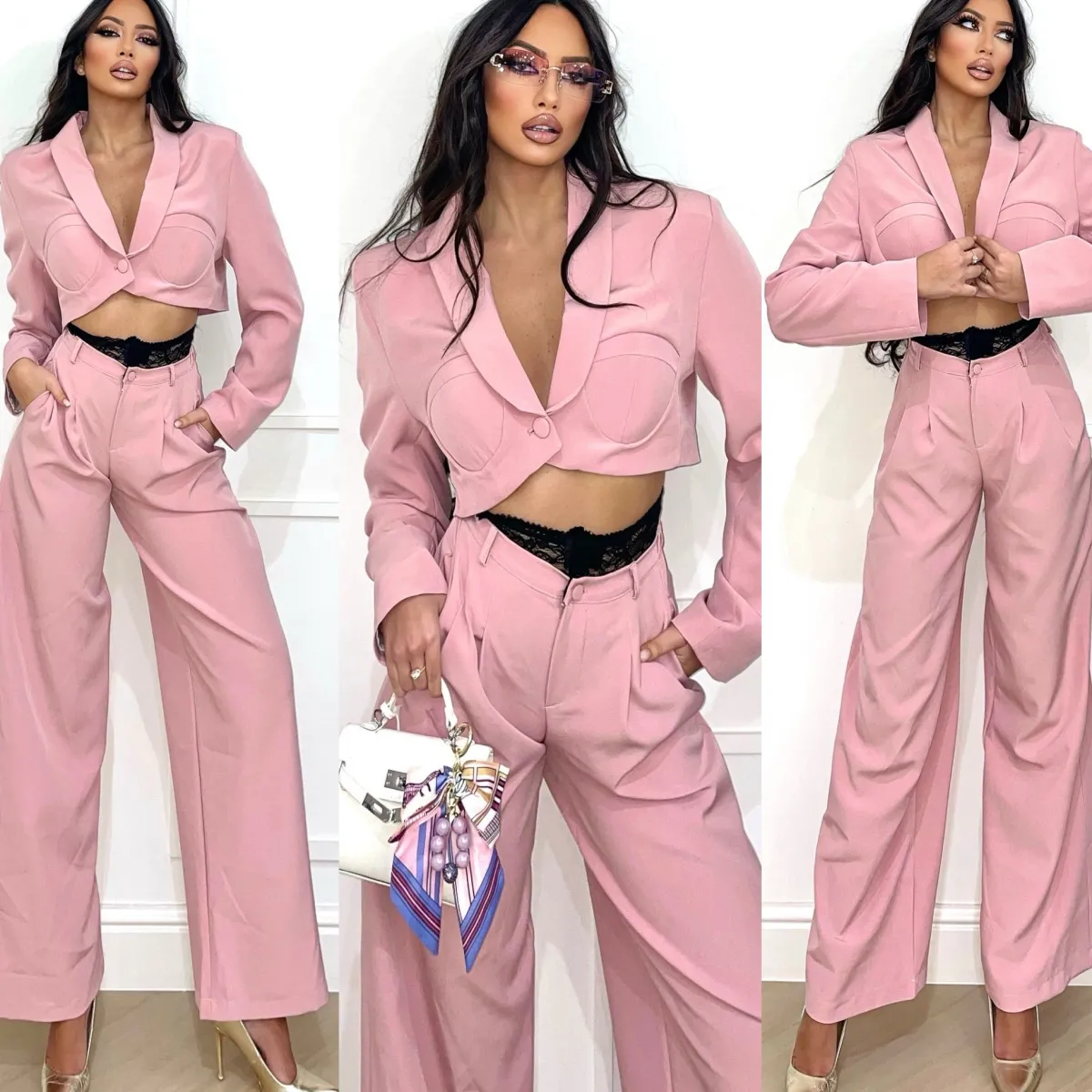 Outlet Tailleur giacca e pantalone rosa con dettaglio nero in pizzo Completi & Tute
